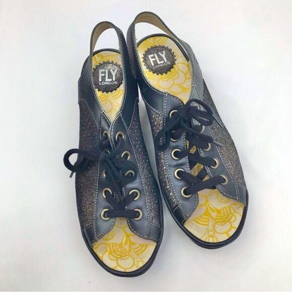 Fly London Black Metallic Perforated Leather Slingback Lace Up Chunky Wedges - Picture 2 of 16